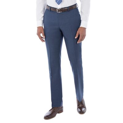 Bright blue texture wool blend plain front tailored fit suit trousers